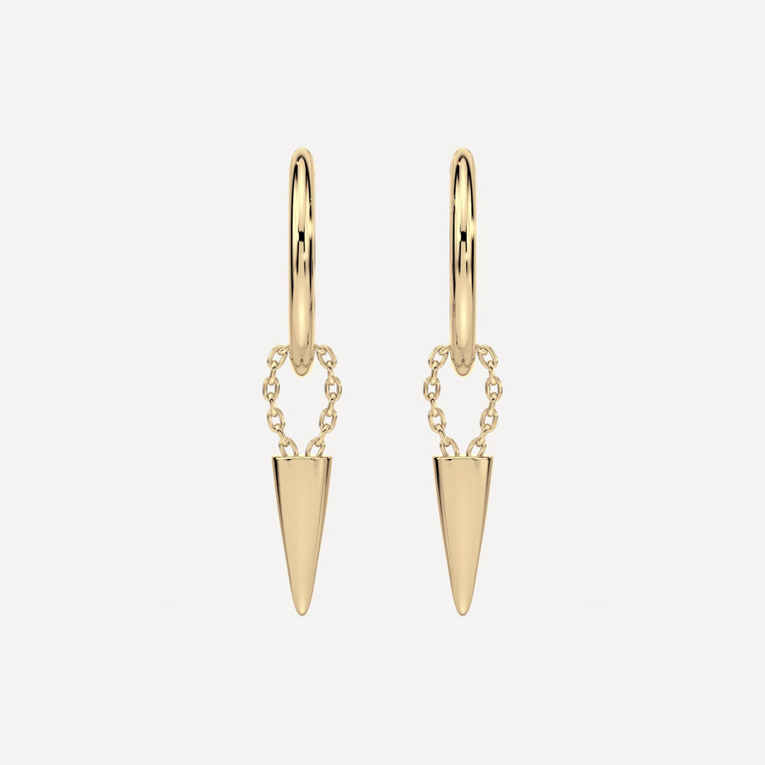 a solid gold hoop earring with cone like hoop charms on chain by nadiya jewelry