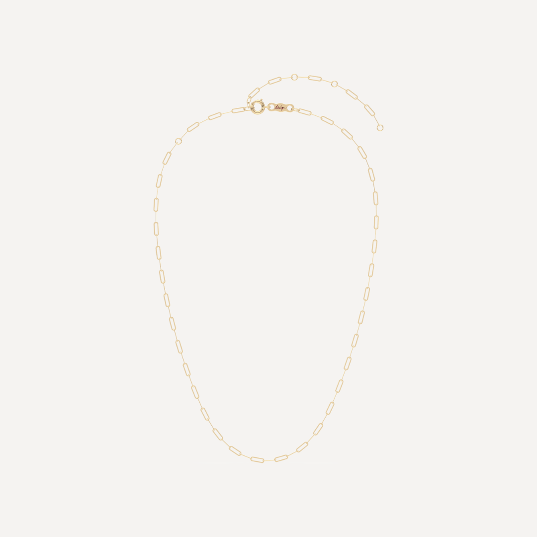 hero image of a solid gold paperclip valentino necklace against a cream background