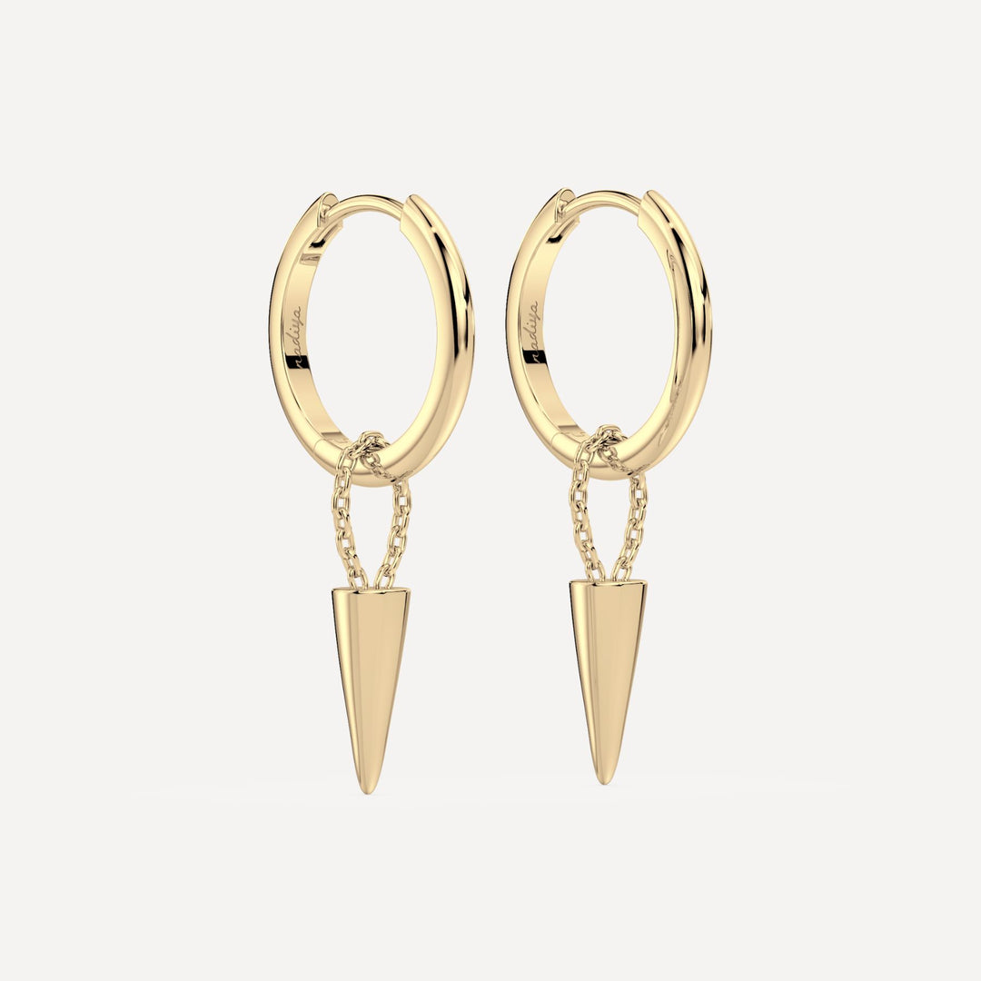 a solid gold hoop earring with cone like hoop charms on chain by nadiya jewelry