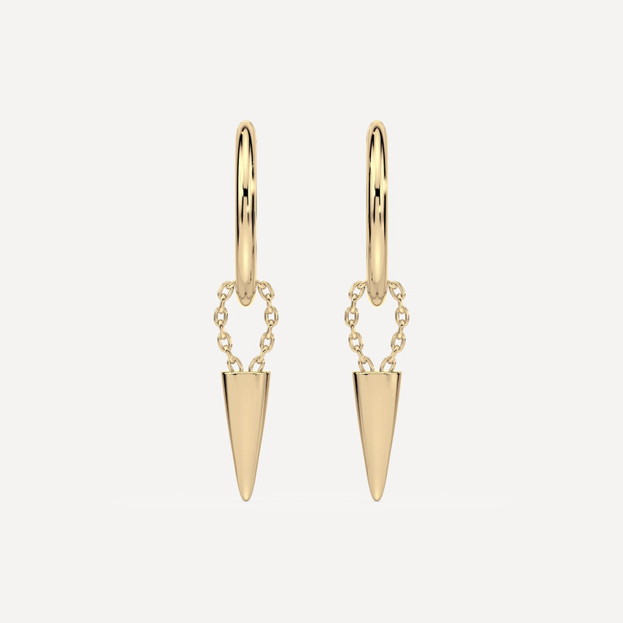 a solid gold hoop earring with cone like hoop charms on chain by nadiya jewelry 