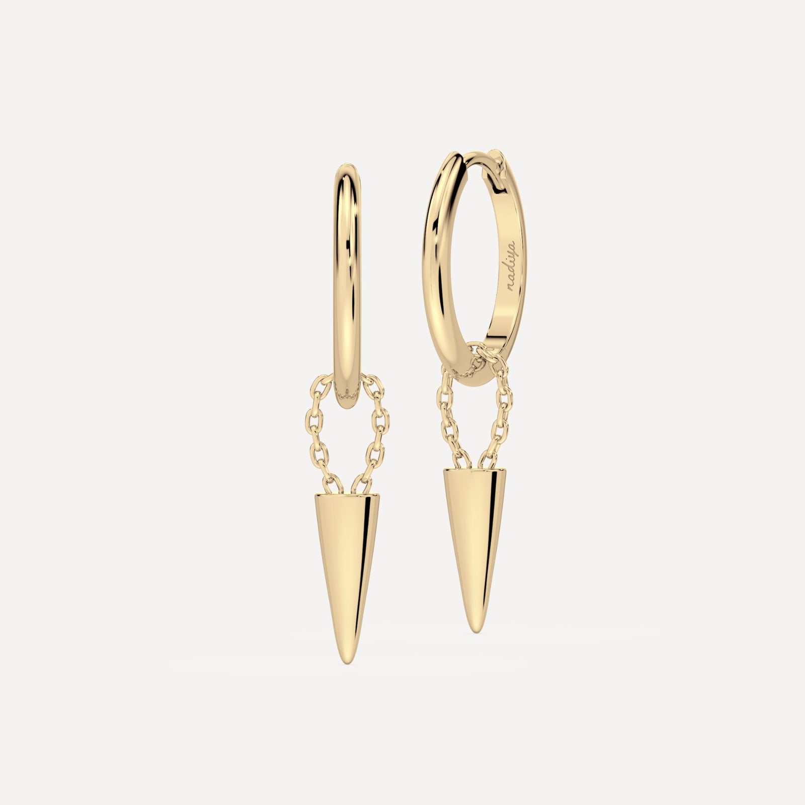 a solid gold hoop earring with cone like hoop charms on chain by nadiya jewelry 