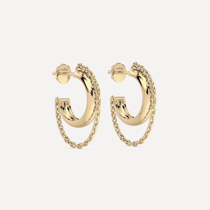 solid gold hoop earring with chain details on a creamy white background by nadiya jewelry
