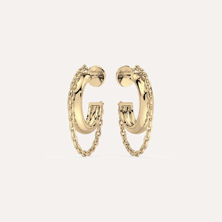 solid gold hoop earring with chain details on a creamy white background by nadiya jewelry
