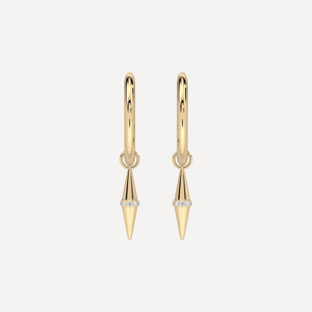 solid gold hoops with solid gold hoop charms and diamonds in a cone shape on white background by nadiya jewelry
