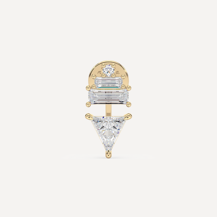 solid gold ladder ear jacket with lab grown diamonds. On the top there’s a round and two baguette diamonds and on the bottom there’s a trillion diamond on a creamy white background by nadiya jewelry