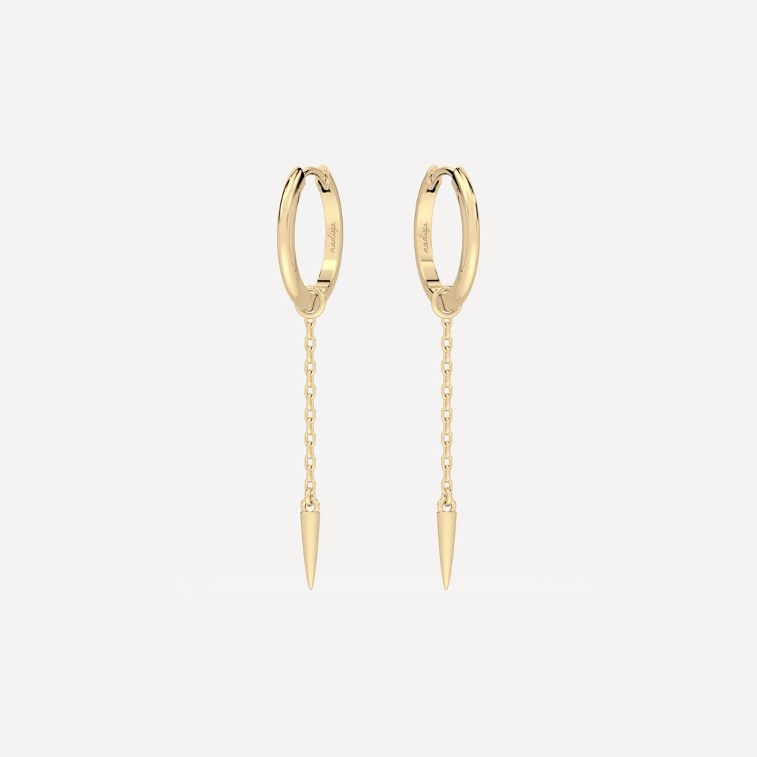 Solid gold hoop earring with solid gold chain hoop charm with cone stud by nadiya jewelry 