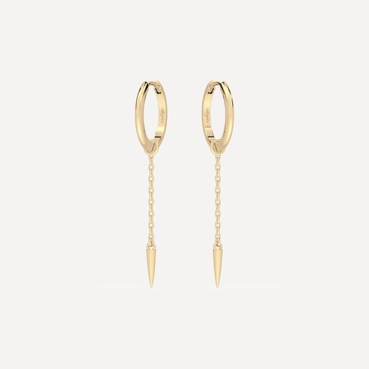 Solid gold hoop earring with solid gold chain hoop charm with cone stud by nadiya jewelry 