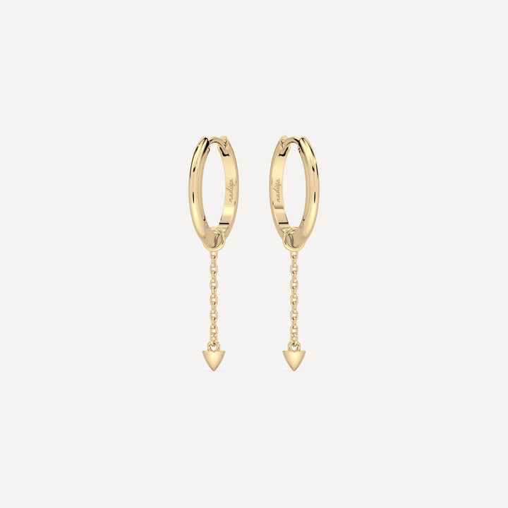 Solid gold hoop earring with solid gold chain hoop charm with cone stud by Nadiya jewelry