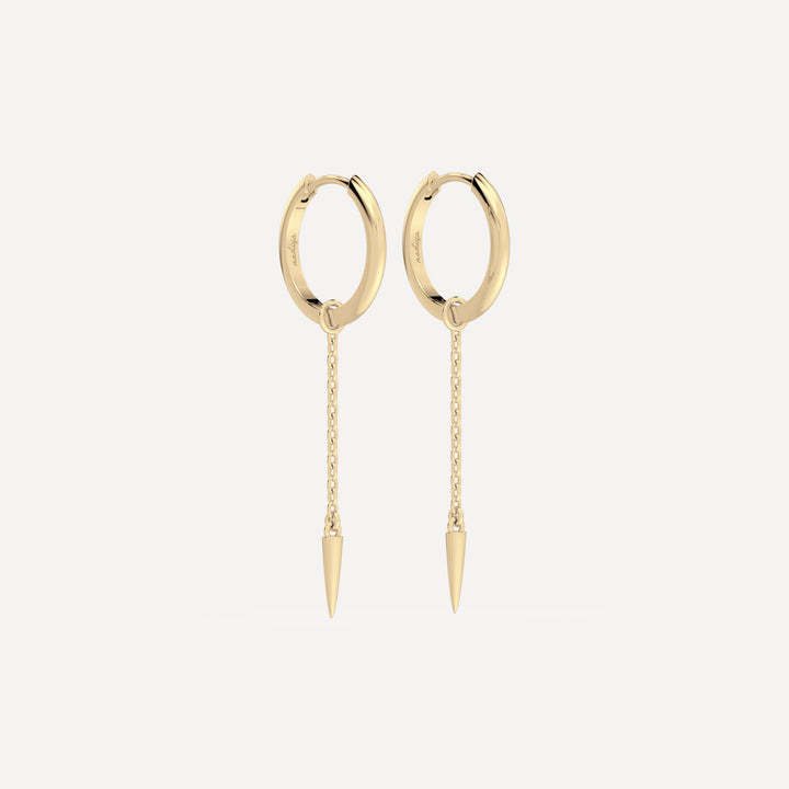 Solid gold hoop earring with solid gold chain hoop charm with cone stud by Nadiya jewelry
