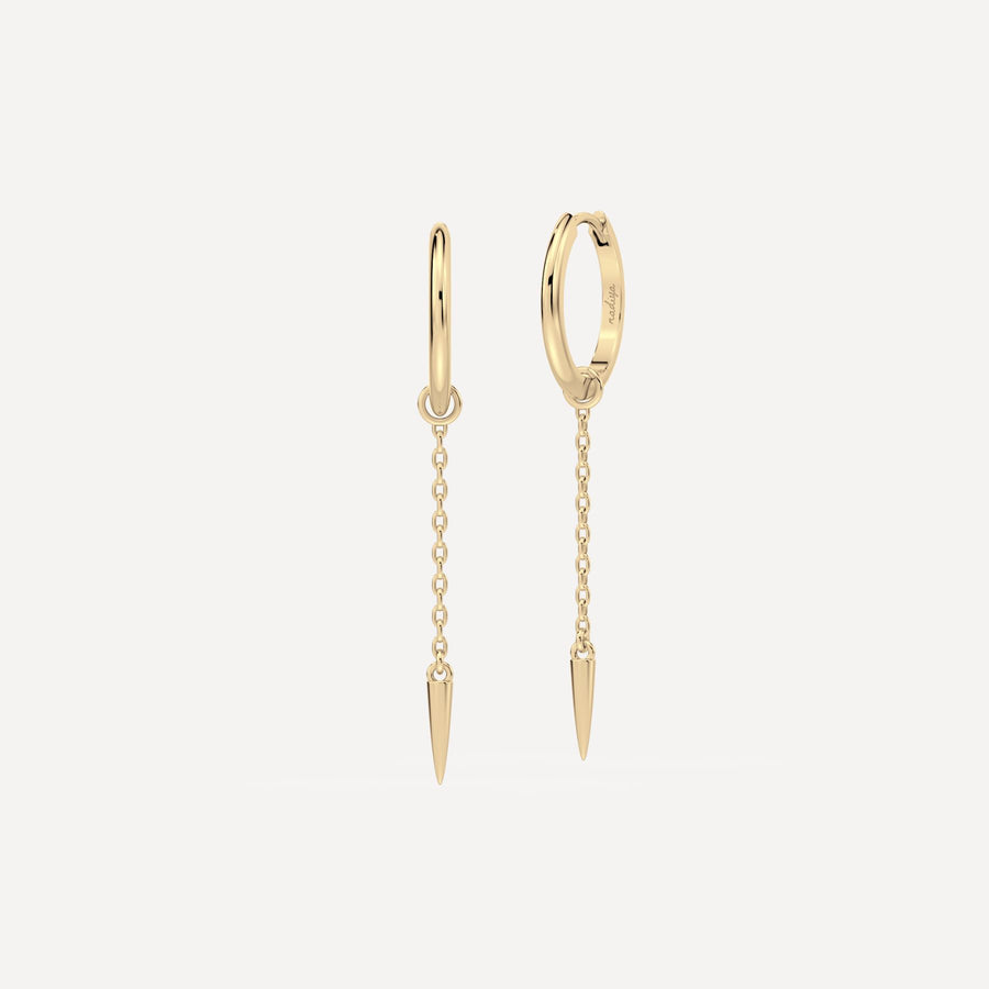 Solid gold hoop earring with solid gold chain hoop charm with cone stud by Nadiya jewelry