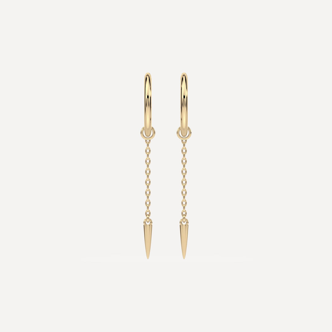 Solid gold hoop earring with solid gold chain hoop charm with cone stud by Nadiya jewelry