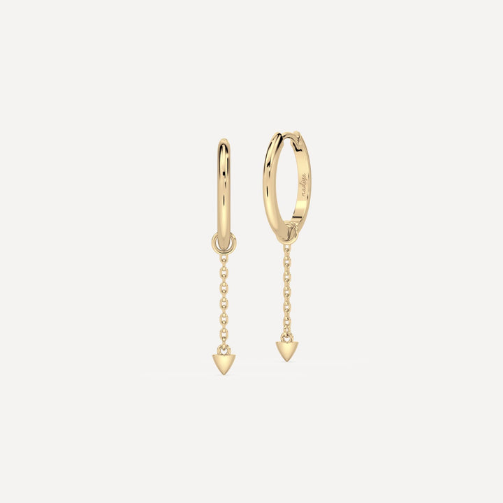 Solid gold hoop earring with solid gold chain hoop charm with cone stud by nadiya jewelry 